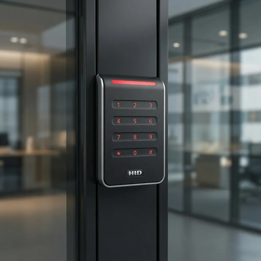 HID card reader with PIN keypad mounted next to a glass office door