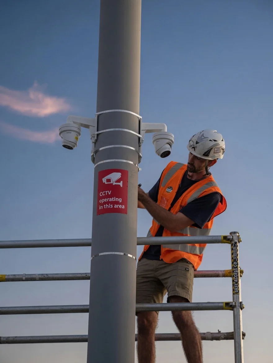 Valence Security technician installing CCTV cameras on site in Auckland