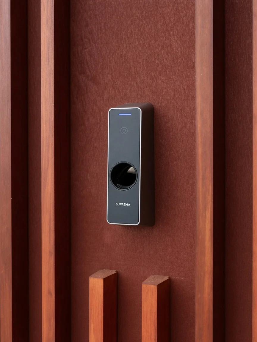 Suprema fingerprint reader installed on a commercial door, used for biometric access and time attendance tracking