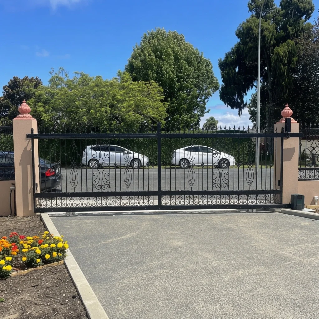Automated wrought iron sliding driveway gate installed at an Auckland property