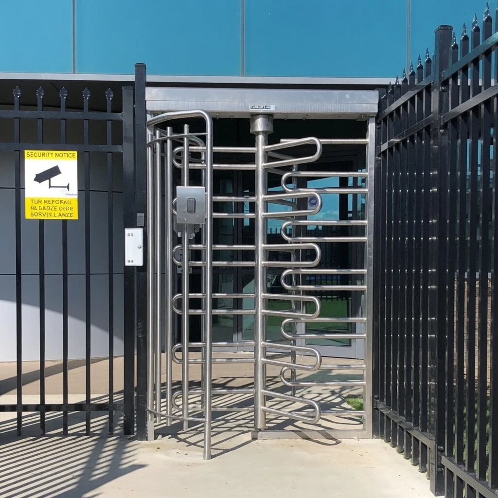 Full-height rotary turnstile at a commercial site entrance in Auckland