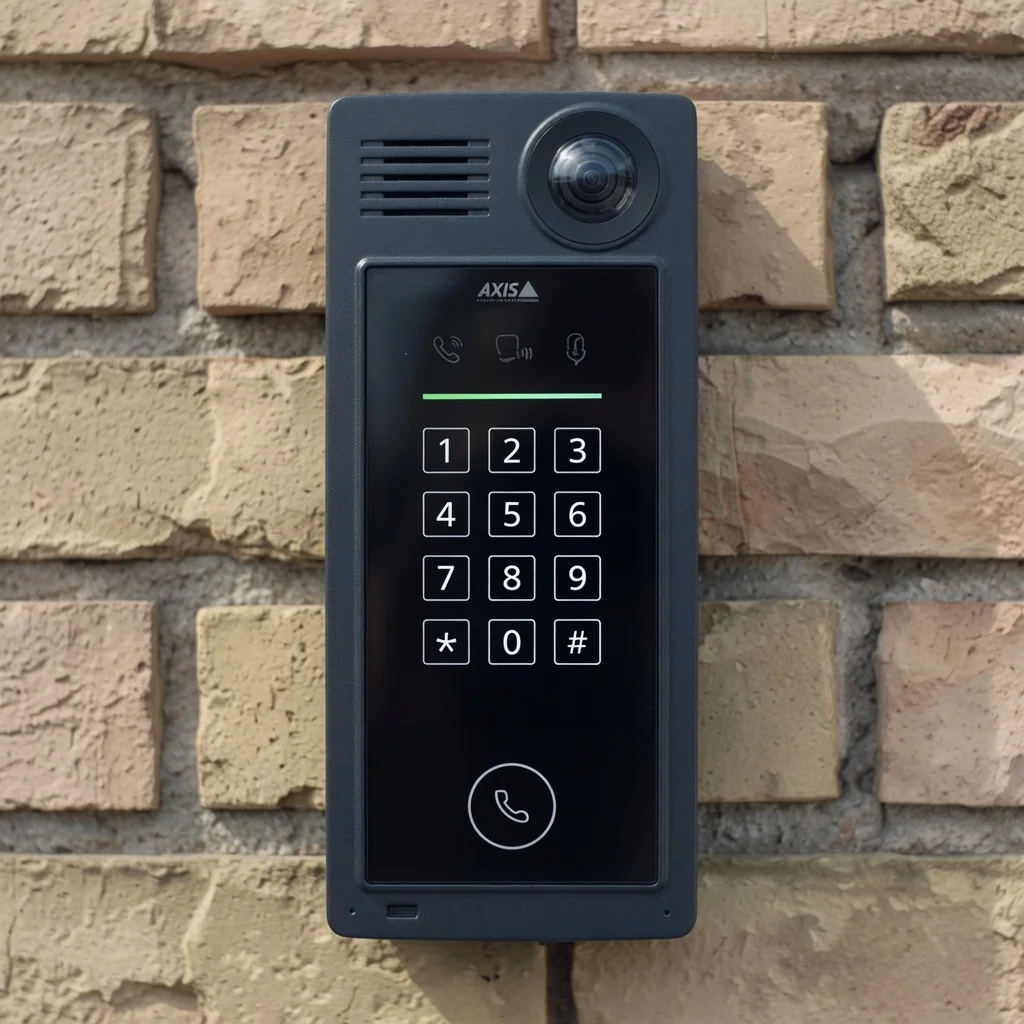 Axis video intercom with keypad mounted on a brick exterior wall